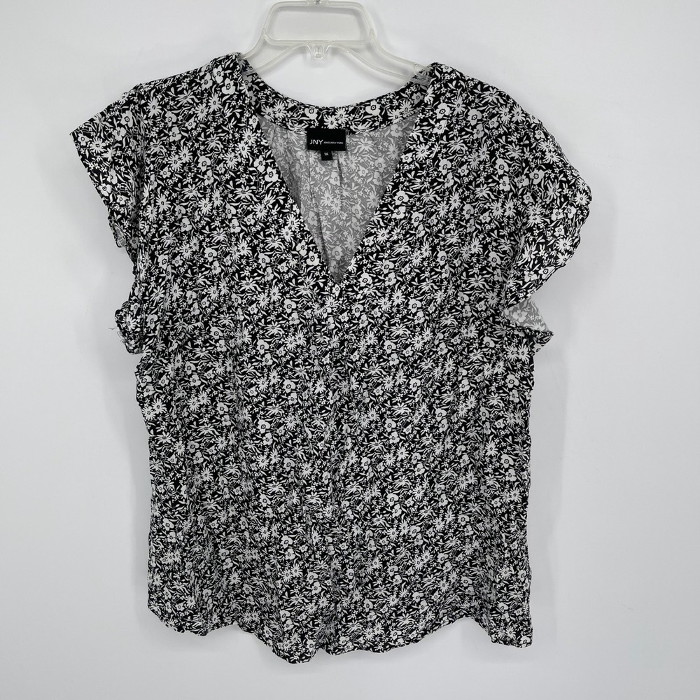 Jones New York Women's Black Floral V-Neck Flutter Sleeve‎ Blouse Plus Size 1X